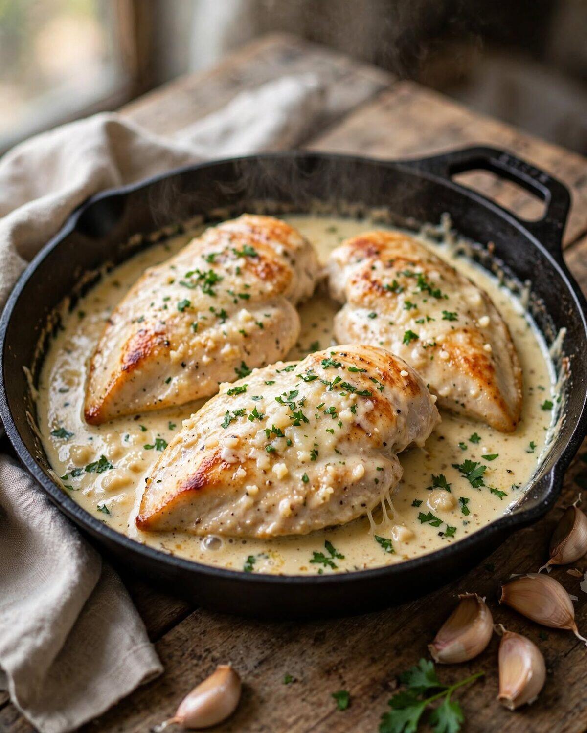 Creamy Garlic Butter Chicken (One Pan, 30 Minutes) 2 Creamy garlic butter chicken in a cast iron skillet with a rich garlic butter sauce and fresh parsley