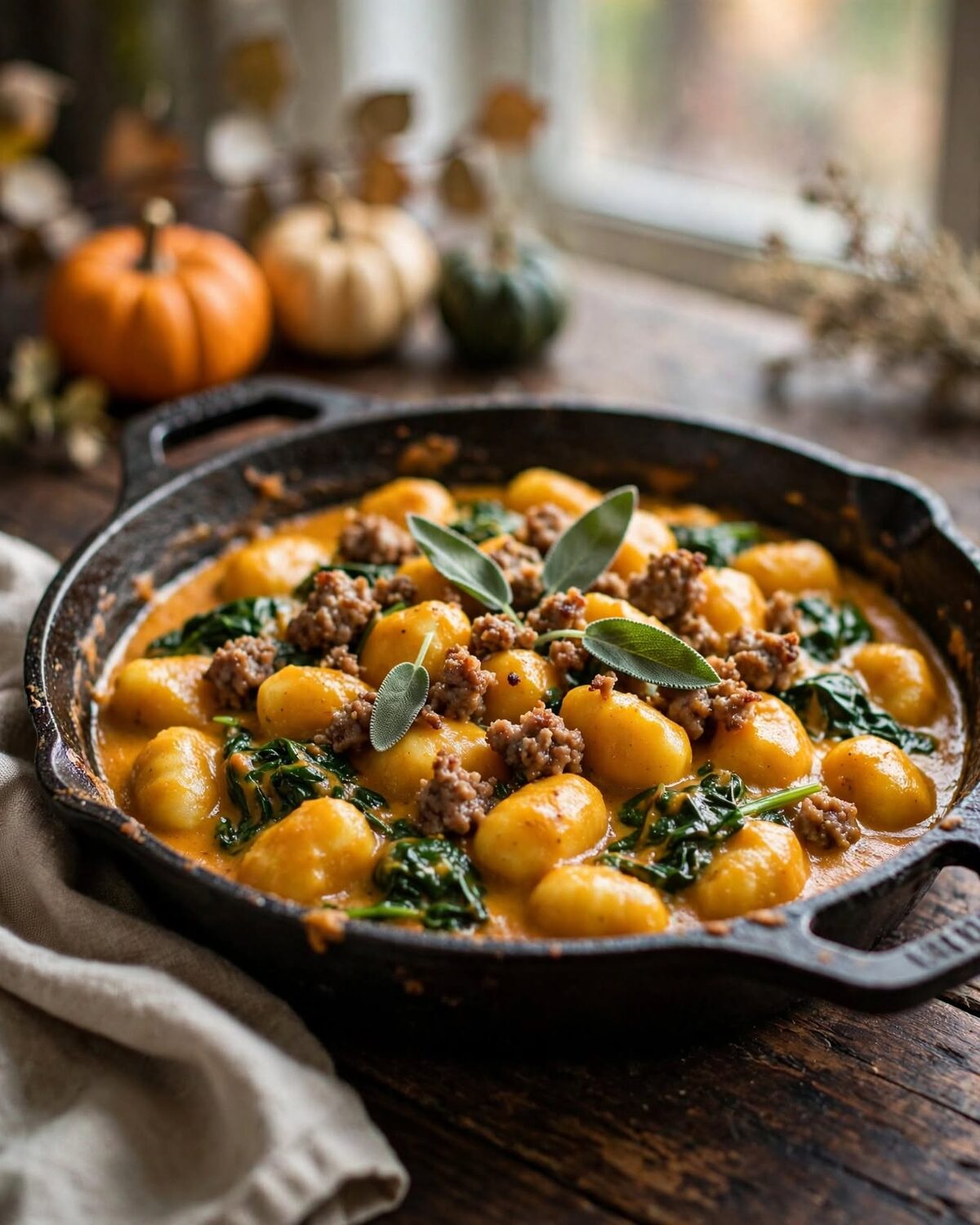 Creamy pumpkin gnocchi with spinach and sausage in a rustic cast-iron skillet on a dark wood table